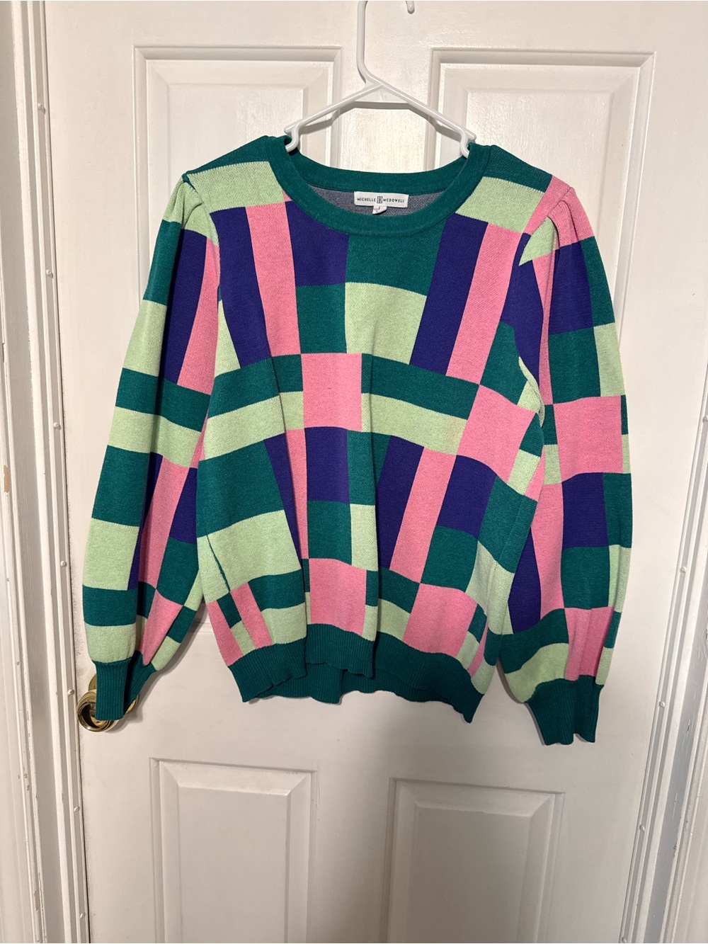 Unknown Brand Colorblock Geometric Crewneck Sweater - Green/Pink/Purple